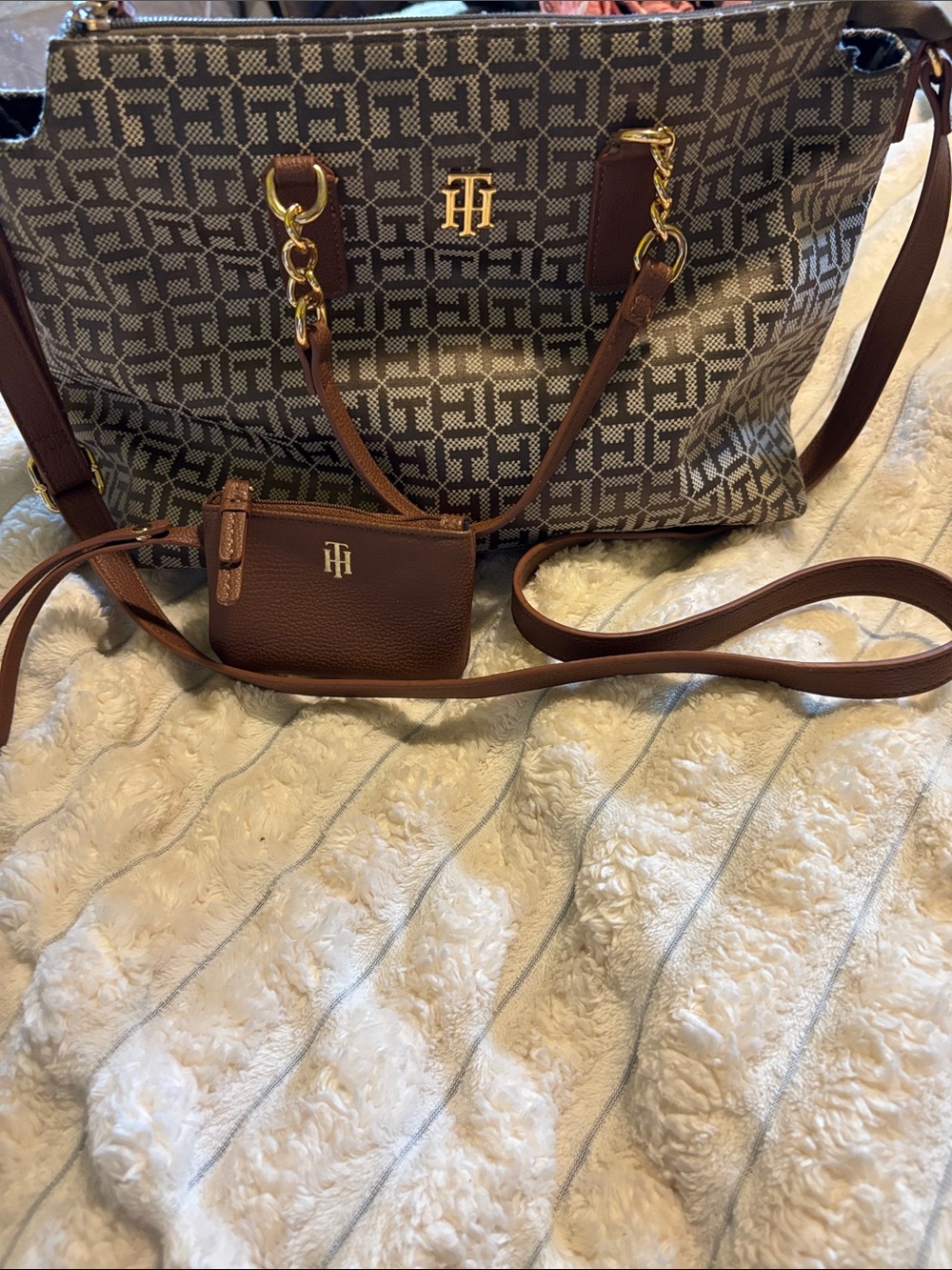 Tommy Hilfiger Brown and Beige Patterned Shoulder Satchel & accessories wristlet
